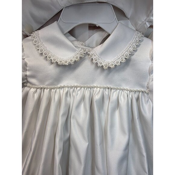 Baby Girl Christening Baptism Dress Bonnet Set Sz 6-9M White Satiny Embroidered - Picture 4 of 12